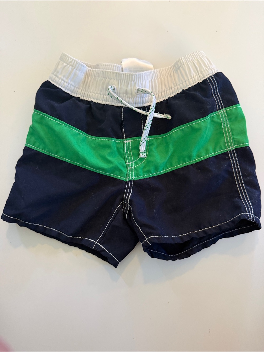GAP Navy Swim Trunks with Green Stripe and White Waistband